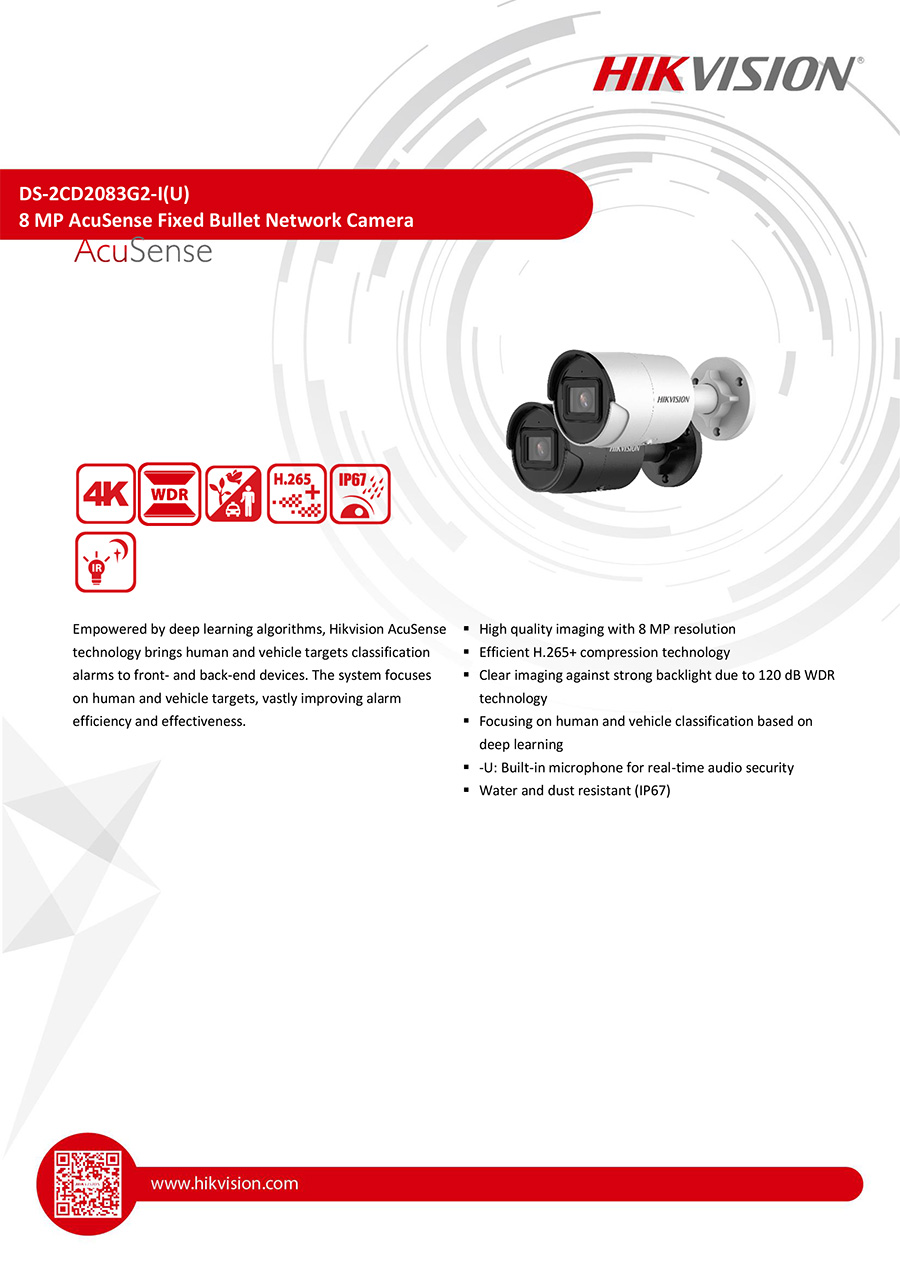 HIKVISION DS-2CD2083G2-IU (2.8mm.) IP CAMERA 8MP AcuSense, Built-in microphone, POE, IP67 BY BILLIONAIRE SECURETECH DS-2CD2083G2-IU (2.8mm.)