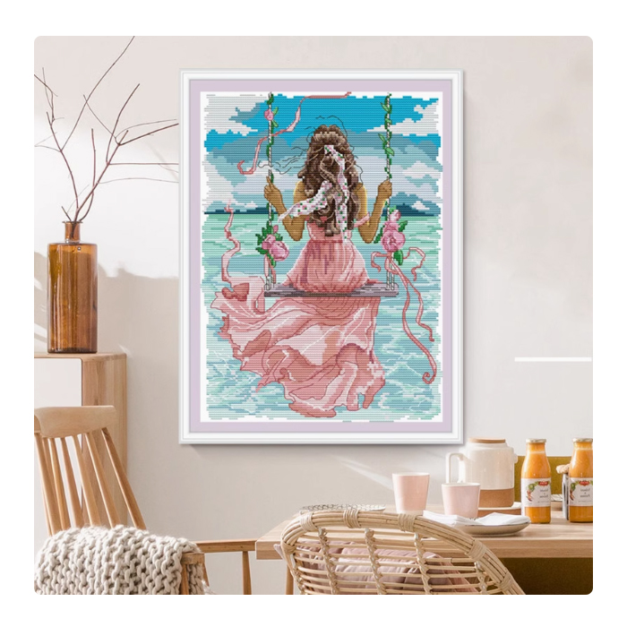 lady-1127 *สินค้าหมด* ชุดปักครอสติช ลายชิงช้าริมทะเล (ผ้า14CTพิมพ์ลาย ปัก 2 เส้นเล็ก) ขนาด 27*34 ซม.ผ้าครอสติช 14CTพิมพ์ลายปักบนผ้า ไหมคอตตอน 41 สี ผังลาย เข็ม