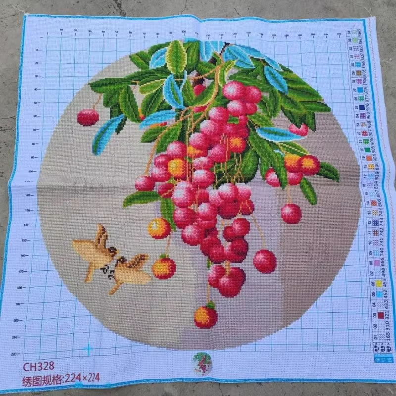 fruit-1111 *สินค้าหมด* ชุดปักครอสติช ลายนกคู่ช่อลิ้นจี่ (งานปักเต็มลาย ไม่มีเดินเส้น ปักครั้งละ 3 เส้นเล็ก) ขนาด 50*50 ซม.ผ้าครอสติช 11CTพิมพ์ลายปักบนผ้า ไหมคอตตอน 32 สี ผังลาย เข็ม