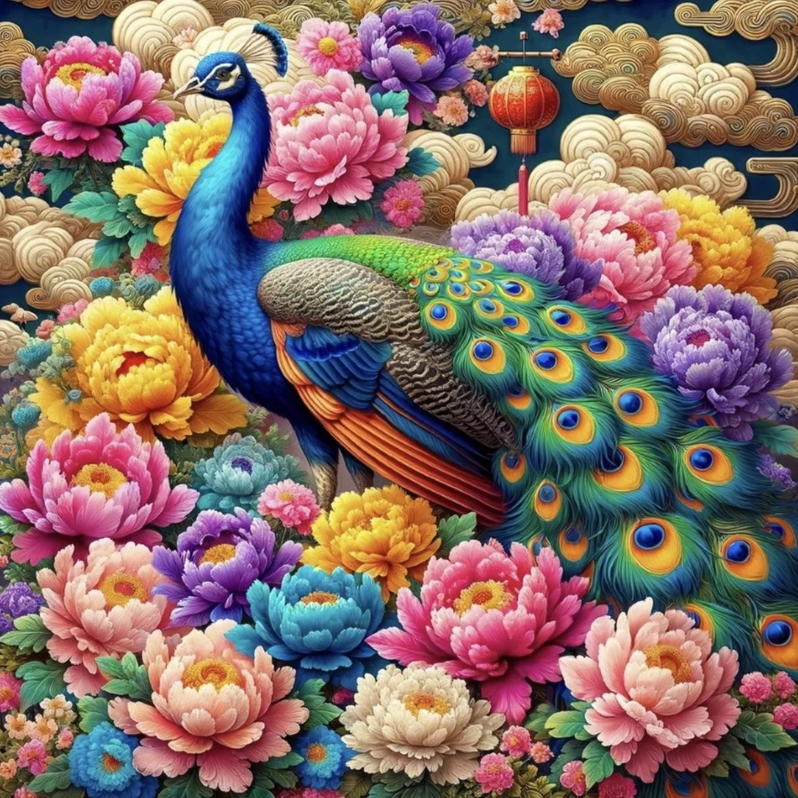 peacock-1128 *สินค้าหมด* ชุดปักครอสติช ลายนกยูงโบตั๋น (ปักเต็มผืนผ้ ไม่มีเดินเส้น ผ้า9CT พิมพ์ลาย ปัก 4 เส้นเล็ก) ขนาด 75*75 ซม.ผ้าครอสติช 9CTพิมพ์ลายปักบนผ้า+ไหมคอตตอน 46 สี+ผังลาย เข็ม