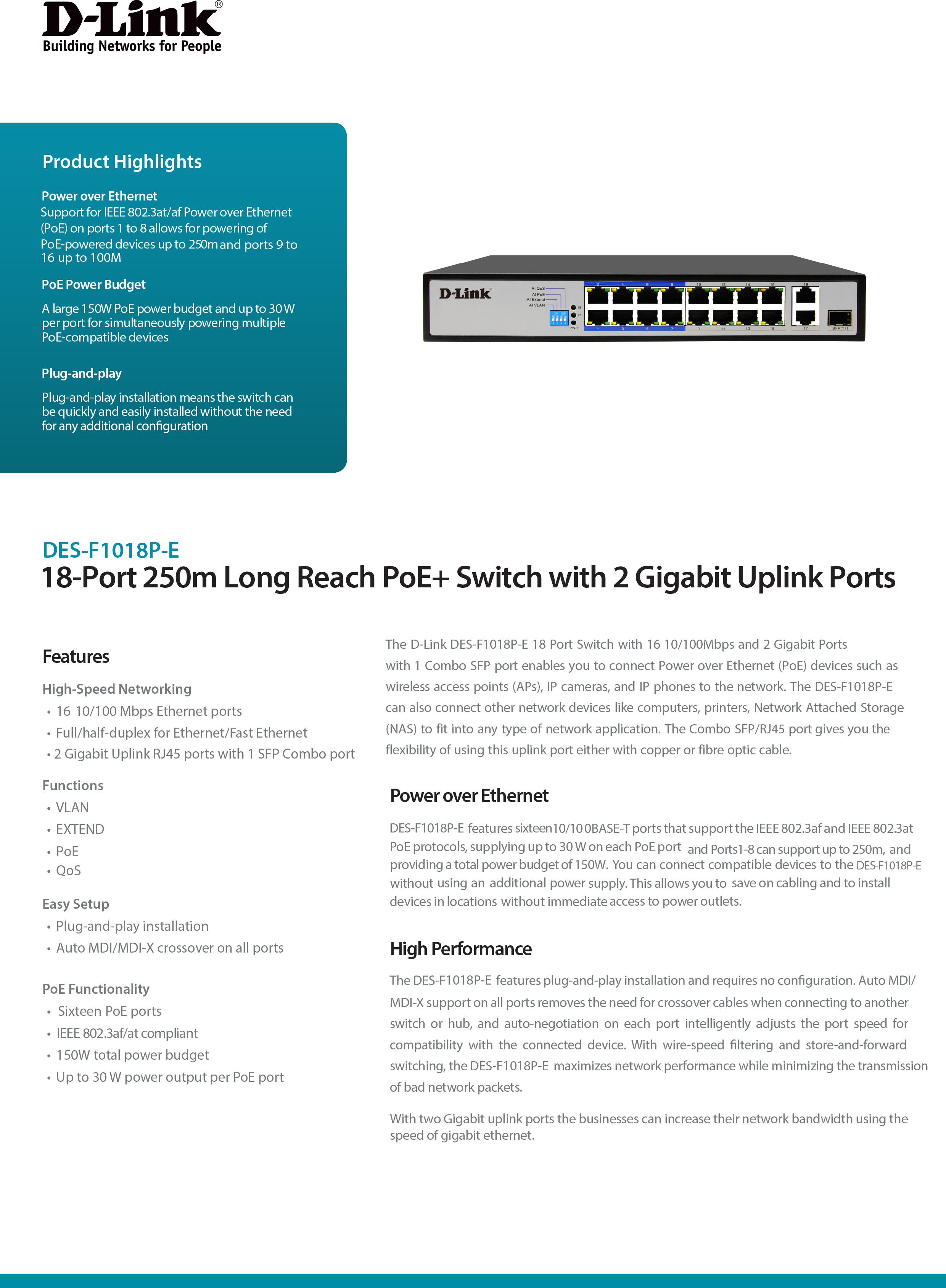 D-LINK DES-F1018P-E : 18-Port PoE Switch with 16 PoE Ports (8 Long Reach 250m) and 2 Gigabit Uplink Ports BY BILLIONAIRE SECURETECH DES-F1018P-E