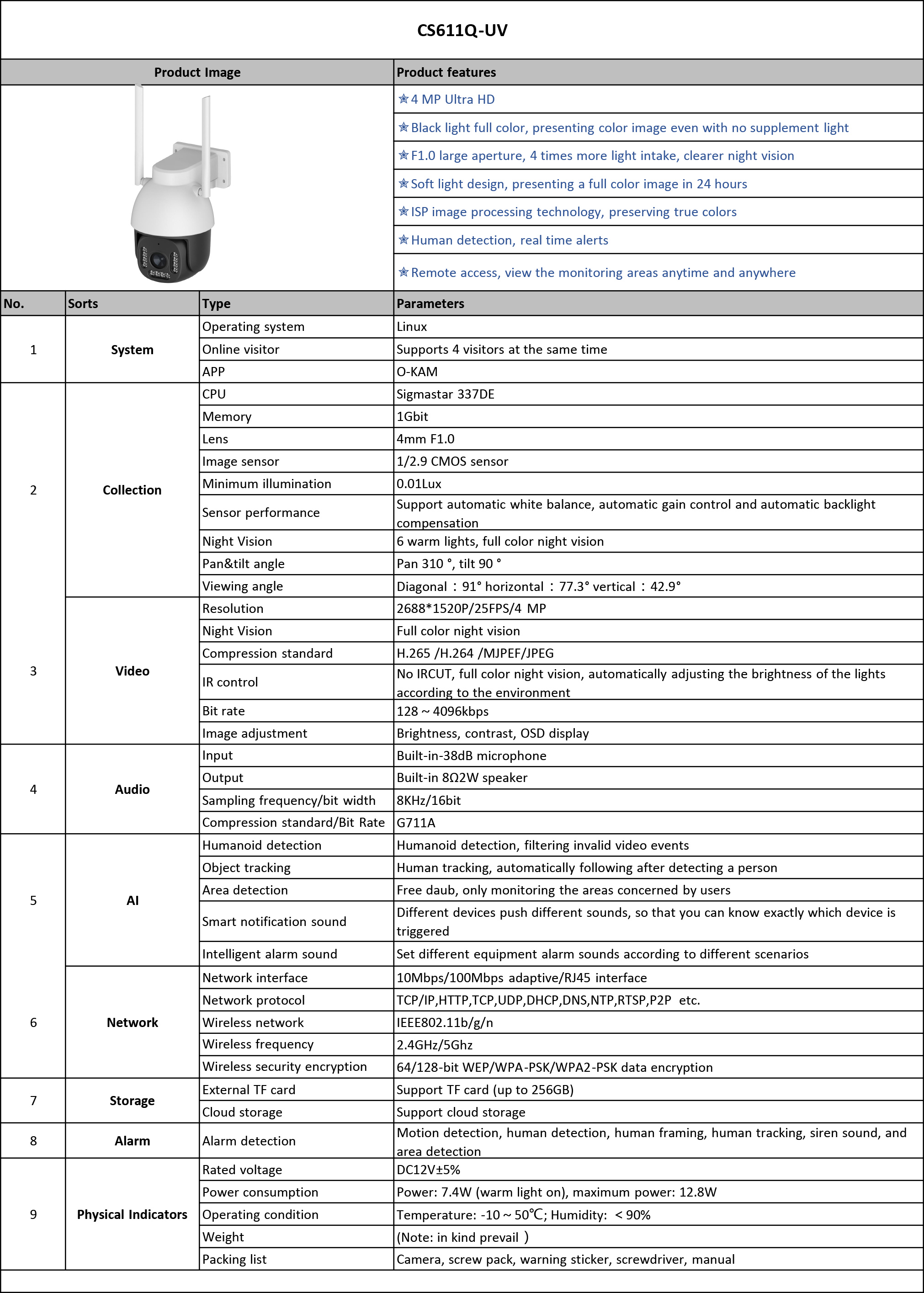 Vstarcam CS611Q-UV กล้องวงจรปิดระบบ IP WIFI 4 MP Black Light Full Color มีไมค์และลำโพงในตัว ติดตั้งภายนอกได้ BY BILLIONAIRE SECURETECH CS611Q-UV