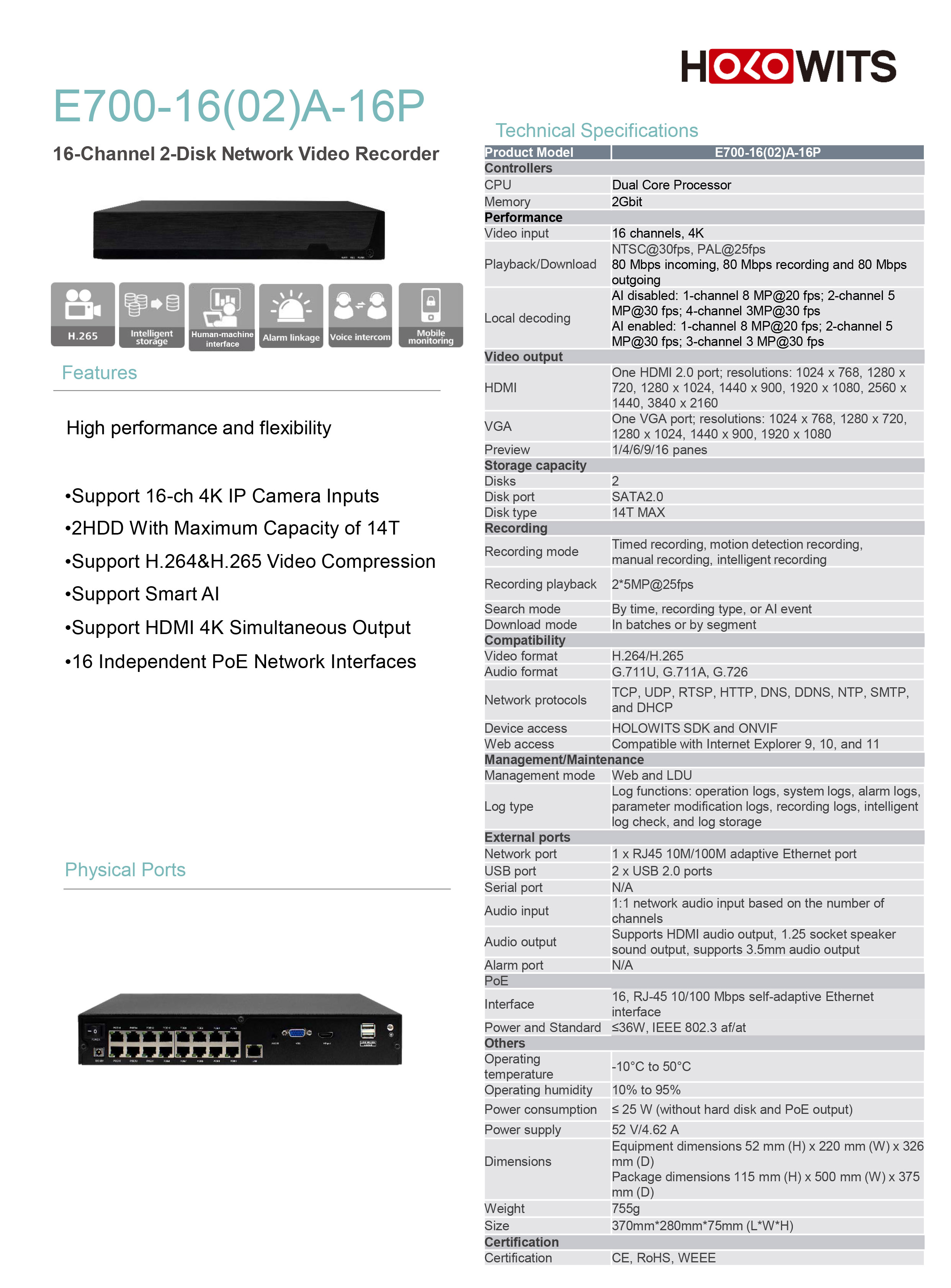 HOLOWITS E700-16(02)A-16P (16 CH) เครื่องบันทึกสำหรับกล้องวงจรปิดระบบ IP (NVR) 16CH PoE BY BILLIONAIRE SECURETECH E700-16(02)A-16P