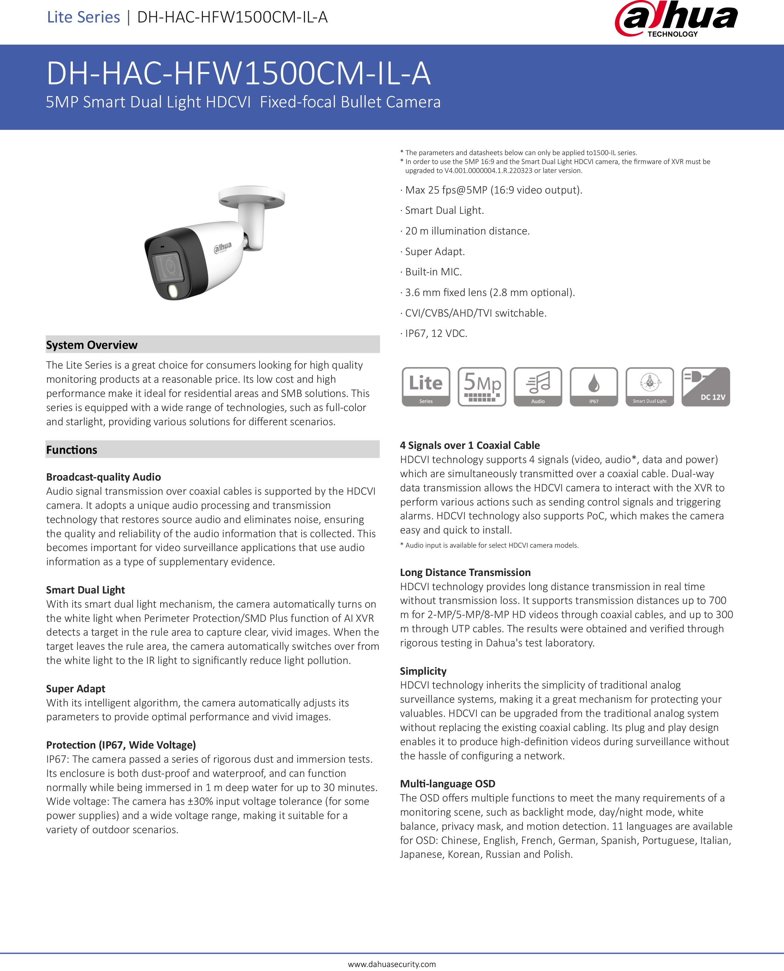 DAHUA HFW1500CMP-IL-A กล้องวงจรปิดระบบ HD 5 ล้านพิกเซล DUAL LIGHT มีไมค์ในตัว BY BILLIONAIRE SECURETECH HFW1500CMP-IL-A