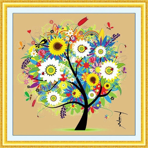tree-1043 *สินค้าหมด* ชุดปักครอสติช ลายต้นไม้ในฤดูร้อน (ผ้าสีน้ำตาลอ่อน ไหมเงา) ขนาด 49*49 ซม.ผ้าครอสติช 11CTพิมพ์ลายปักบนผ้า ไหมเงา silk 22 สี ผังลาย เข็ม