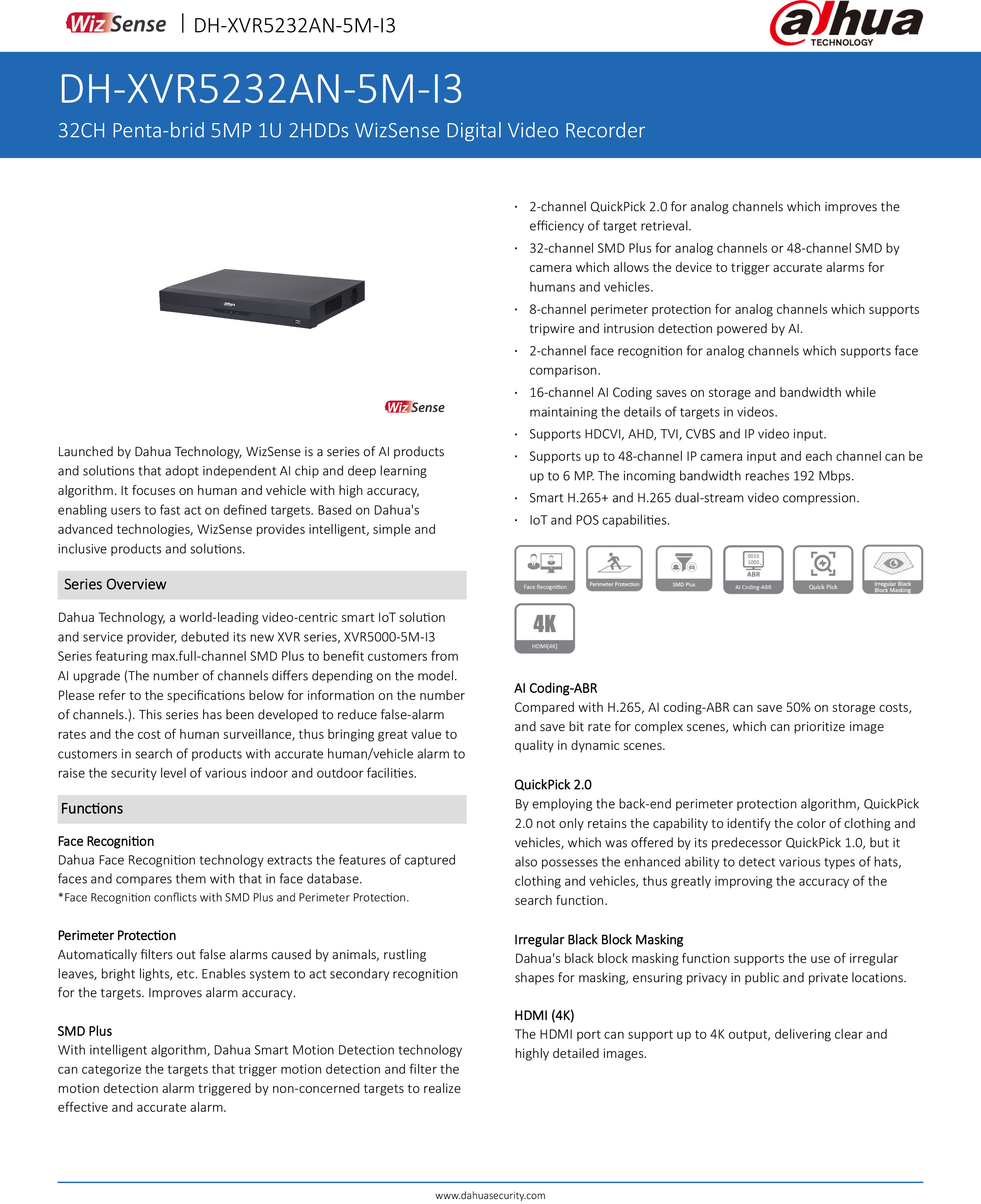 DAHUA XVR5232AN-5M-I3 (32 CH) เครื่องบันทึกสำหรับกล้องวงจรปิดระบบ HD Penta-brid 5MP 1U 2HDDs WizSense BY BILLIONAIRE SECURETECH XVR5232AN-5M-I3