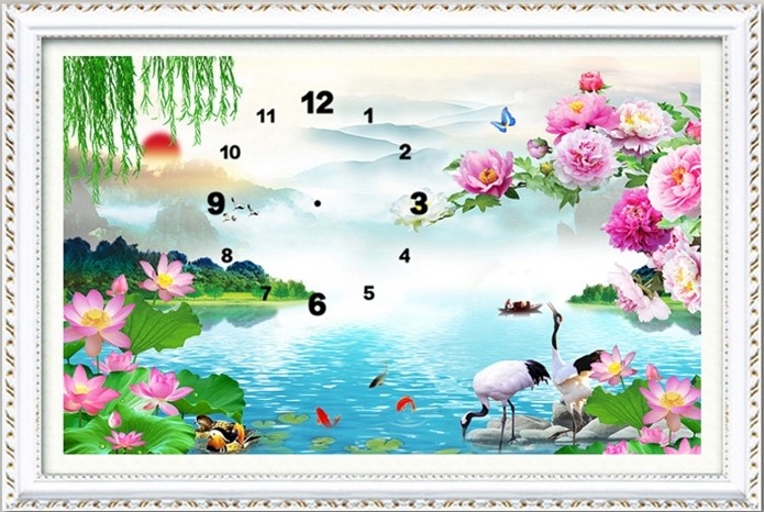 clock-2035 *พร้อมส่ง* ชุดภาพติดคริสตัลกลม ลายนาฬิกานกกระเรียนคู่ในสวนไม้มงคล ( งานติดเต็มภาพ ) ขนาด 50*35 ซม. คริสตัลกลม 31 สี ( มีตัวเรือนนาฬิกา ) อุปกรณ์ครบชุด