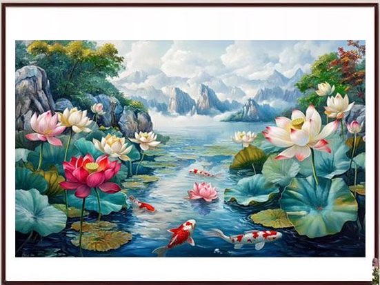 bua-1134 *สินค้าหมด* ชุดปักครอสติช ลายบึงบัวกลางขุนเขา (ปักเต็มผืนผ้า ไม่มีเดินเส้น ผ้า11CTพิมพ์ลาย ปัก 3 เส้นเล็ก) ขนาด 82*62 ซม ผ้าครอสติช 11CTพิมพ์ลายปักบนผ้า ไหมคอตตอน 46 สี ผังลาย เข็ม