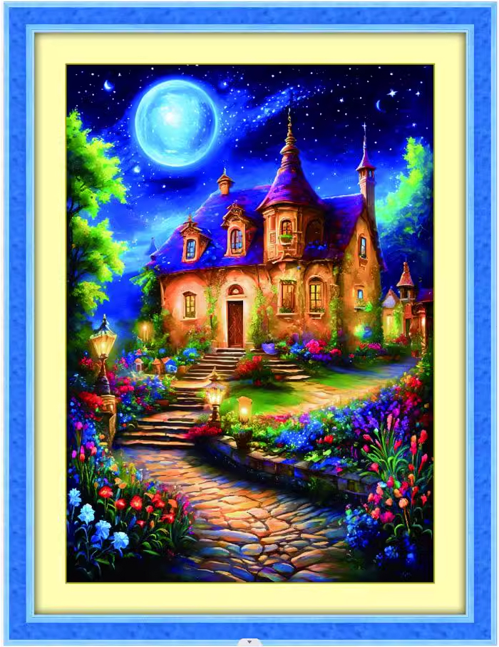 home-1160 *สินค้าหมด* ชุดปักครอสติช ลายบ้านสวยใต้แสงจันทร์ (ปักเต็มผืนผ้า ไม่มีเดินเส้น ผ้า9CTพิมพ์ลาย มีประกาย ปัก 4 เส้นเล็ก) ขนาด 60*80 ซม.ผ้าครอสติช 9CTพิมพ์ลายปักบนผ้า ไหมคอตตอน 41 สี ผังลาย เข็ม