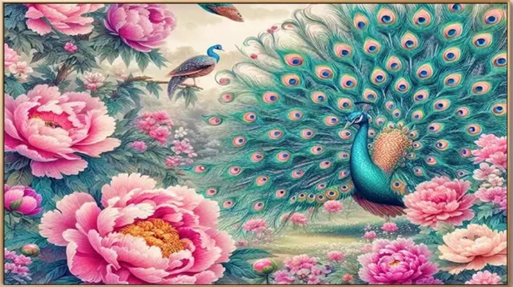 peacock-1025 *สินค้าหมด* ชุดปักครอสติช ลายนกยูงรำแพนในสวนโบตั๋น (ปักเต็มผืนผ้า ไม่มีเดินเส้น ผ้า9CTพิมพ์ลาย ปัก 4 เส้นเล็ก) ขนาด 80*60 ซม.ผ้าครอสติช 9CT พิมพ์ลายปักบนผ้า+ไหมคอตตอน 38 สี+ผังลาย+เข็ม