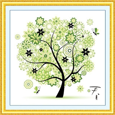 tree-1055 *พร้อมส่ง* ชุดปักครอสติช ลายต้นไม้ในฤดูใบไม้ผลิ ขนาด 46*46 ซม.ผ้าครอสติช 11CTพิมพ์ลายปักบนผ้า ไหมคอตตอน 11 สี ผังลาย เข็ม