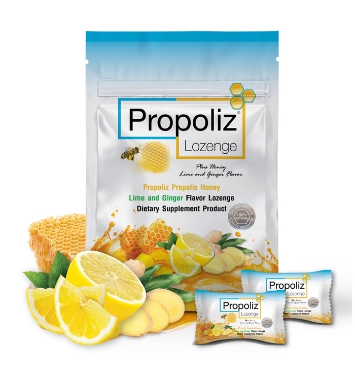 Propoliz Lozenge โพรโพลิซ ชนิดเม็ดอม ซอง 8 เม็ด (ลูกอมรสน้ำผึ้ง-ขิง)
