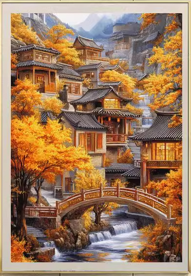 home-1005 *พร้อมส่ง* ชุดปักครอสติช ลายหมู่บ้านในฤดูใบไม้ร่วง autumn (ปักเต็มผืนผ้า ไม่มีเดินเส้น ผ้า11CTพิมพ์ลาย ปัก 3 เส้นเล็ก) ขนาด 50*65 ซม.ผ้าครอสติช 11CTพิมพ์ลายปักบนผ้า ไหมคอตตอน 46 สี ผังลาย เข็ม
