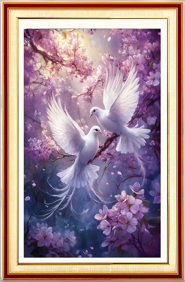 bird-1106 *สินค้าหมด* ชุดปักครอสติช ลายนกคู่ซากุระ (ปักเต็มผืนผ้า ไม่มีเดินเส้น ผ้า11CT พิมพ์ลาย ปัก 3 เส้นเล็ก) ขนาด 50*70 ซม. ผ้าครอสติช 11CTพิมพ์ลายปักบนผ้า ไหมคอตตอน 49 สี ผังลาย เข็ม