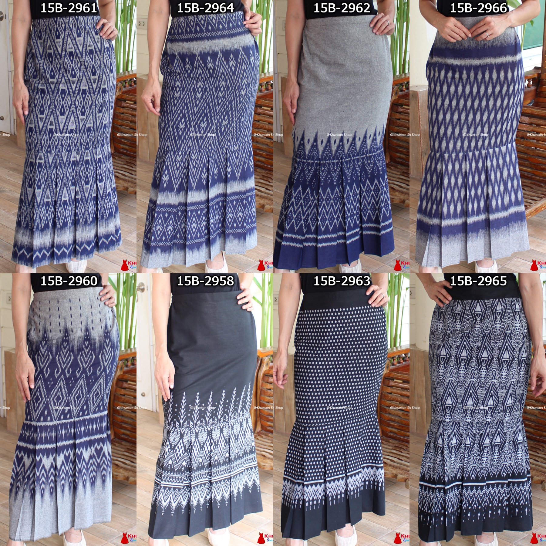 15B-1 กระโปรงหางปลาจีบทวิต ตัดเย็บด้วยผ้าฝ้ายพิมพ์ลาย มีหลายสีหลายลาย ขนาดฟรีไซส์ เอวยืดด้านหลัง