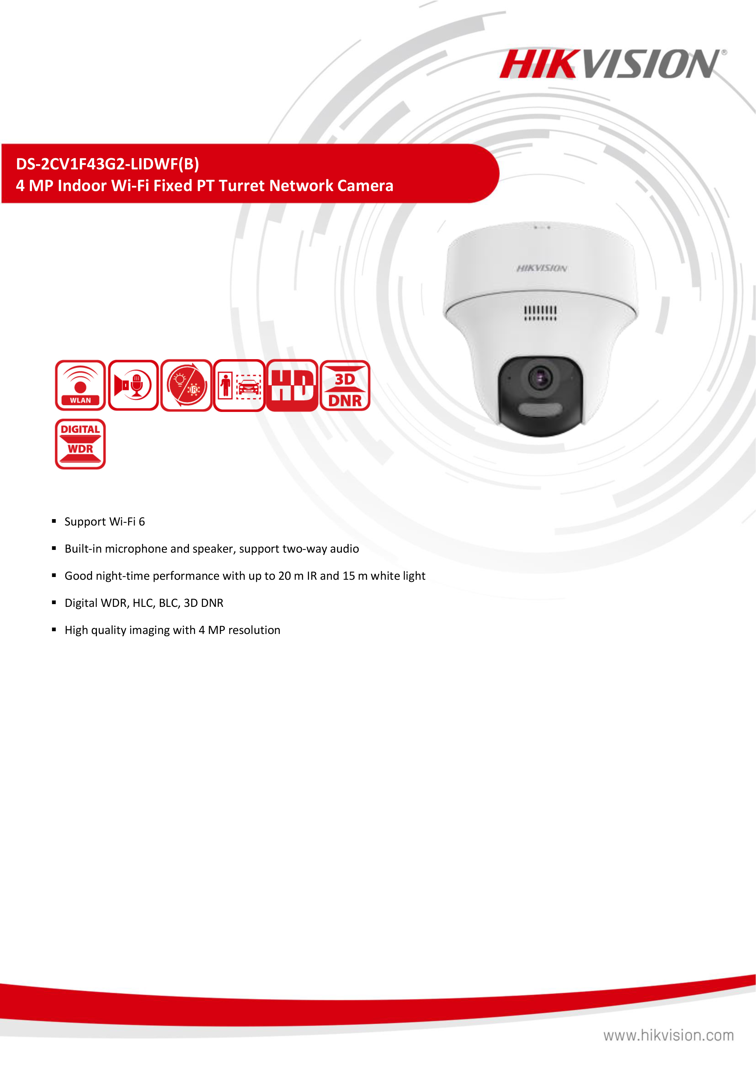 HIKVISION DS-2CV1F43G2-LIDWF(B) (2.8 mm.) กล้องวงจรปิดระบบ IP WIFI 4 ล้านพิกเซล Dual Light + มีไมค์และลำโพงในตัว สำหรับใช้กับชุด WIFI KIT NVS ของ HIKVISION เท่านั้น BY BILLIONAIRE SECURETECH DS-2CV1F43G2-LIDWF(B) (2.8 mm.)