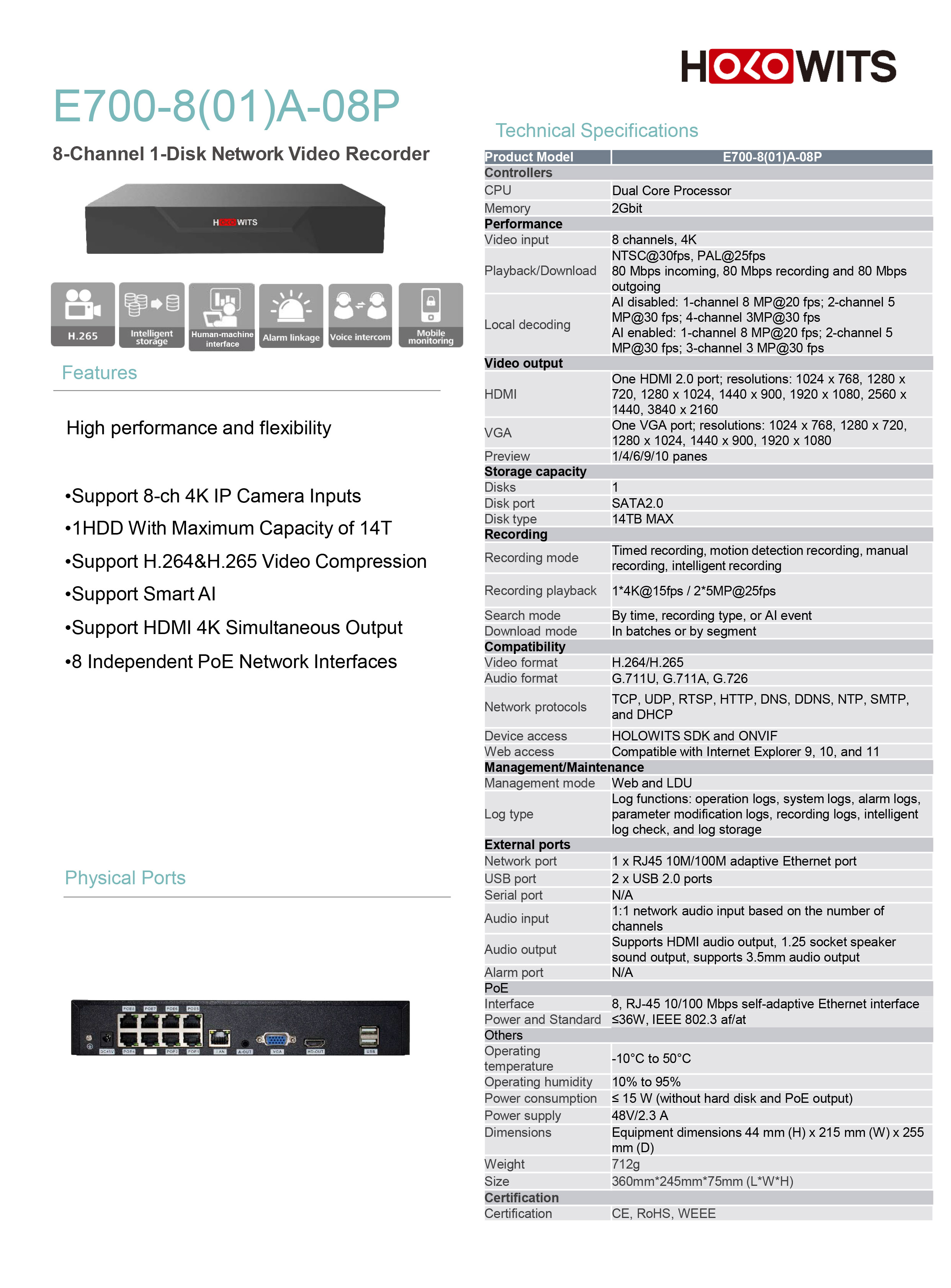 HOLOWITS E700-8(01)A-08P (8 CH) เครื่องบันทึกสำหรับกล้องวงจรปิดระบบ IP (NVR) 8CH PoE BY BILLIONAIRE SECURETECH E700-8(01)A-08P