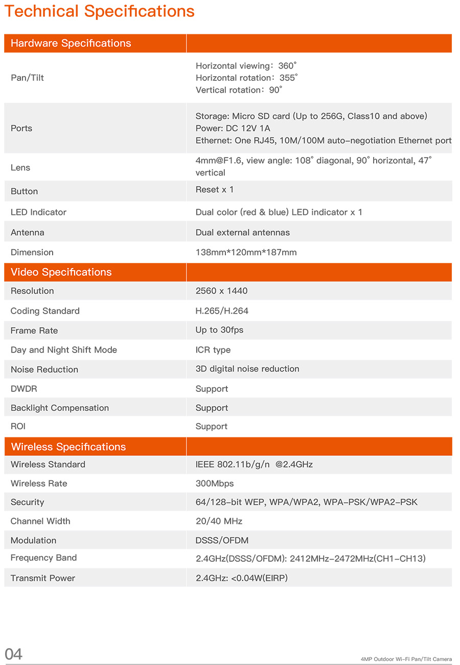 TENDA CH7-WCA 4MP Outdoor Wi-Fi Pan/Tilt Camera, Full Color, IP65 BY BILLIONAIRE SECURETECH CH7-WCA