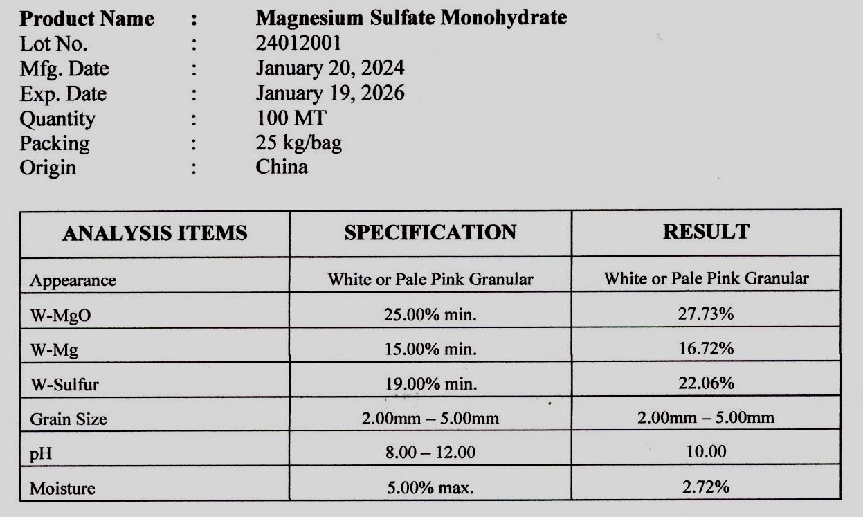 MgSO4.H2O Magnesium Sulphate monohydrate คีเซอร์ไรต์ แฟร์แม็ก แมกนีเซียมซัลเฟตเม็ด สำหรับใช้ทางดิน (ประกอบด้วยธาตุ Mg 15%) บรรจุ 25 กิโลกรัม