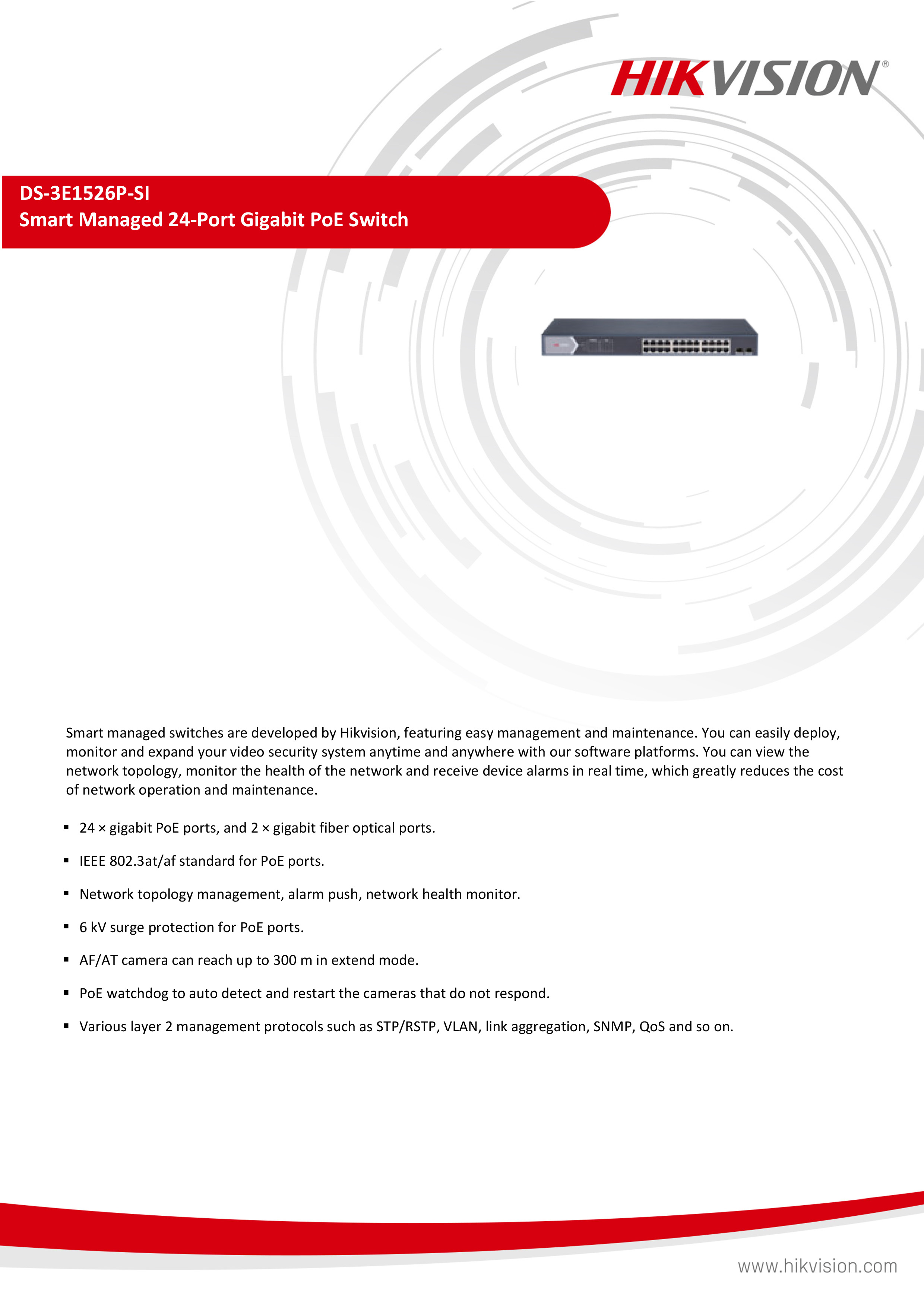 HIKVISION DS-3E1526P-SI : 24 × gigabit PoE ports, and 2 × gigabit fiber optical ports BY BILLIONAIRE SECURETECH DS-3E1526P-SI