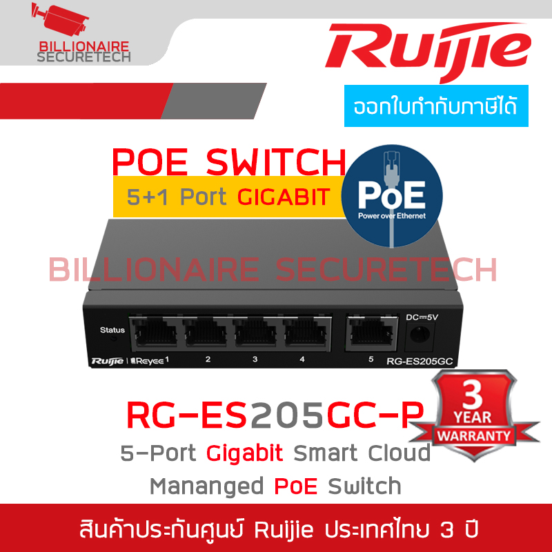 RUIJIE RG-ES205GC-P : 5-Port Gigabit Smart Cloud Mananged PoE Switch RG-ES205GC-P