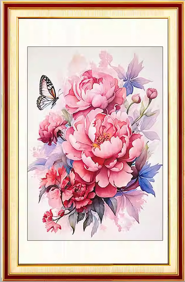 botan-1116 *สินค้าหมด* ชุดปักครอสติช ลายช่อโบตั๋นชมพู (ปักเต็มผืนผ้า ไม่มีเดินเส้น ผ้า9CTพิมพ์ลาย มีประกาย ปัก 4 เส้นเล็ก) ขนาด 60*80 ซม. ผ้าครอสติช 9CTพิมพ์ลายปักบนผ้า ไหมคอตตอน 56 สี ผังลาย เข็ม
