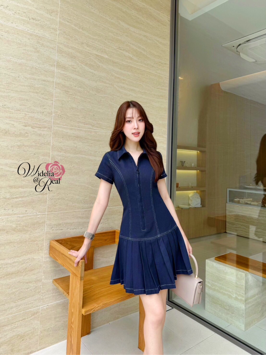 Korea Dress เดรสแขนสั้น คอปก ซิปหน้า กระโปรงจีบรอบ เนื้อผ้ายีนส์แท้ 100%