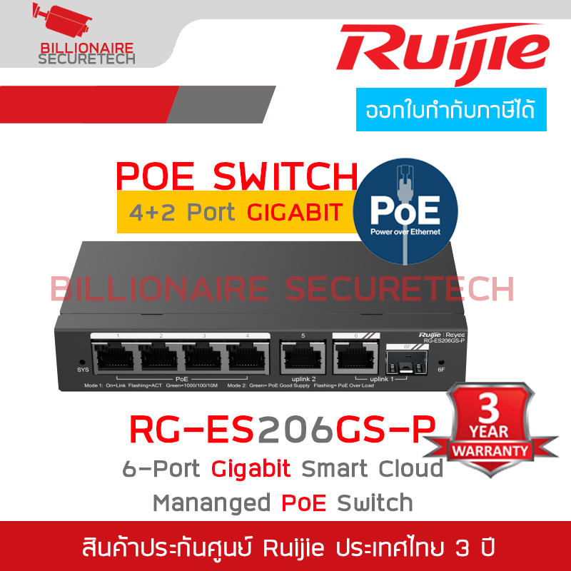RUIJIE RG-ES206GS-P : 6-Port Gigabit Smart Cloud Mananged PoE Switch RG-ES206GS-P