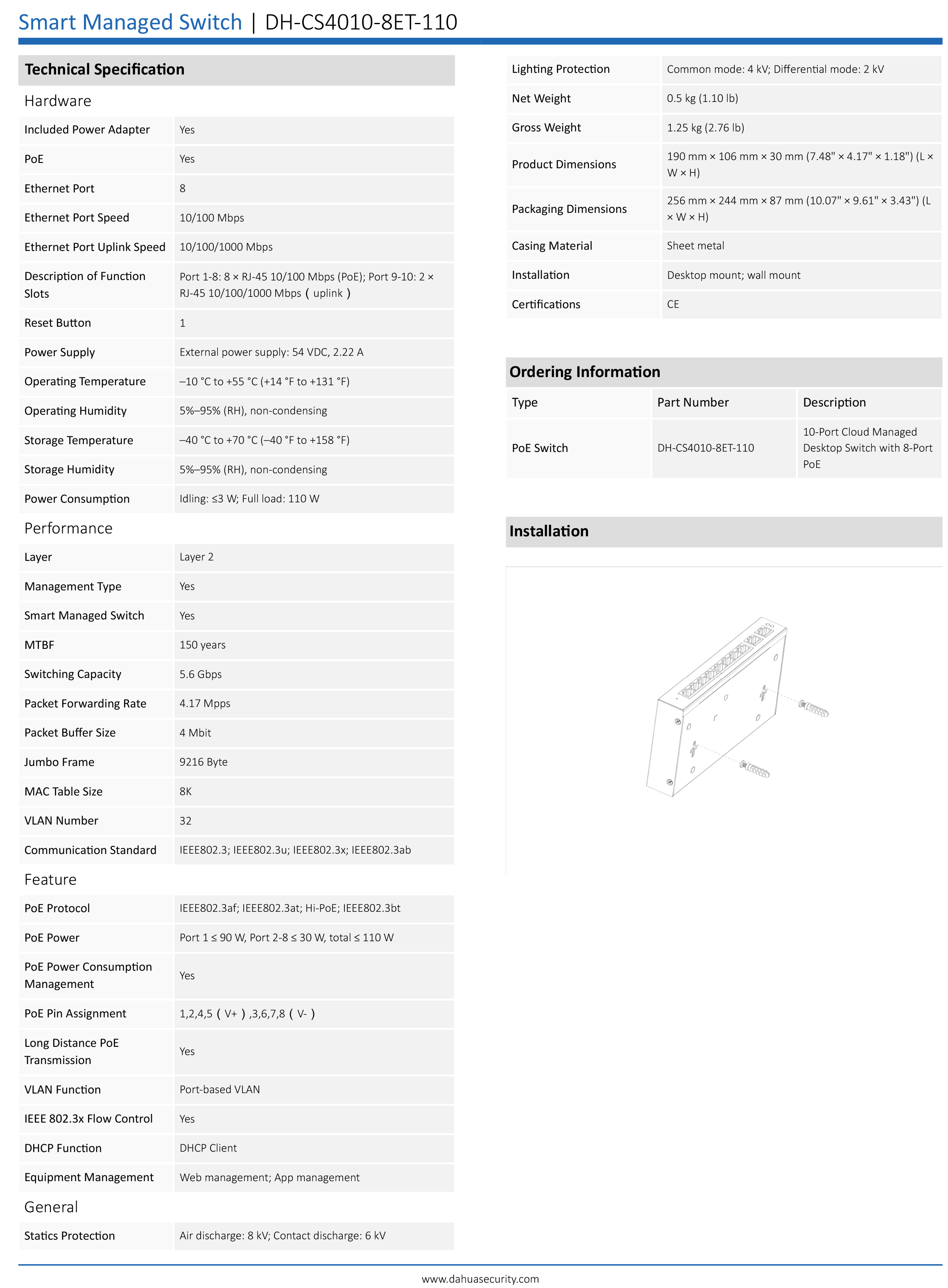 DAHUA DH-CS4010-8ET-110 : 10-Port Cloud Managed Desktop Switch with 8-Port PoE BY BILLIONAIRE SECURETECH DH-CS4010-8ET-110