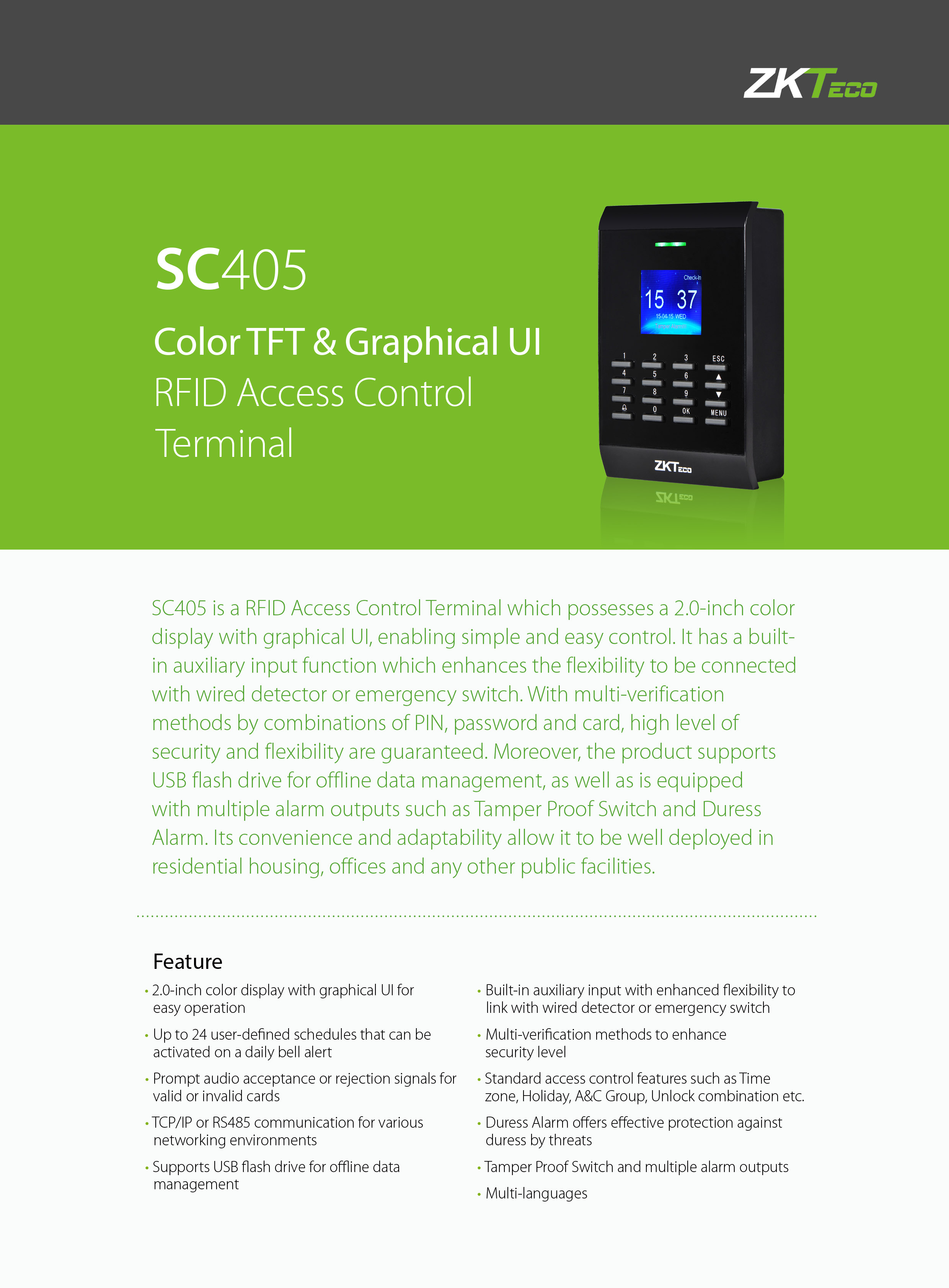 ZKTECO SC405 เครื่องควบคุมประตูเปิด-ปิด รองรับการกดรหัสผ่านและการทาบบัตร BY BILLIONAIRE SECURETECH SC405