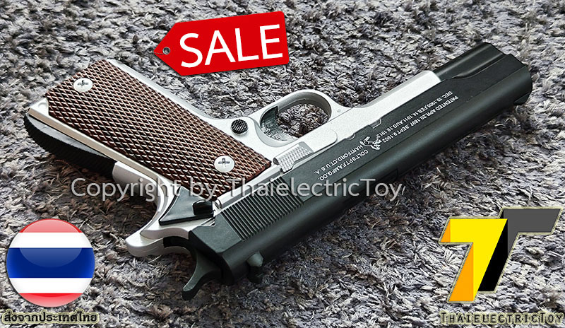 ปืนอัดลมเหล็ก Colt 1911 ขนาดเล็ก ชักยิงทีล่ะนัด สีทูโทน ลำกล้องยาว 6.5 นิ้ว นกสับได้ เซพตี้สไลน์ หนัก 371 กรัม ใช้ลูกกระสุนพลาสติก 6 มิล