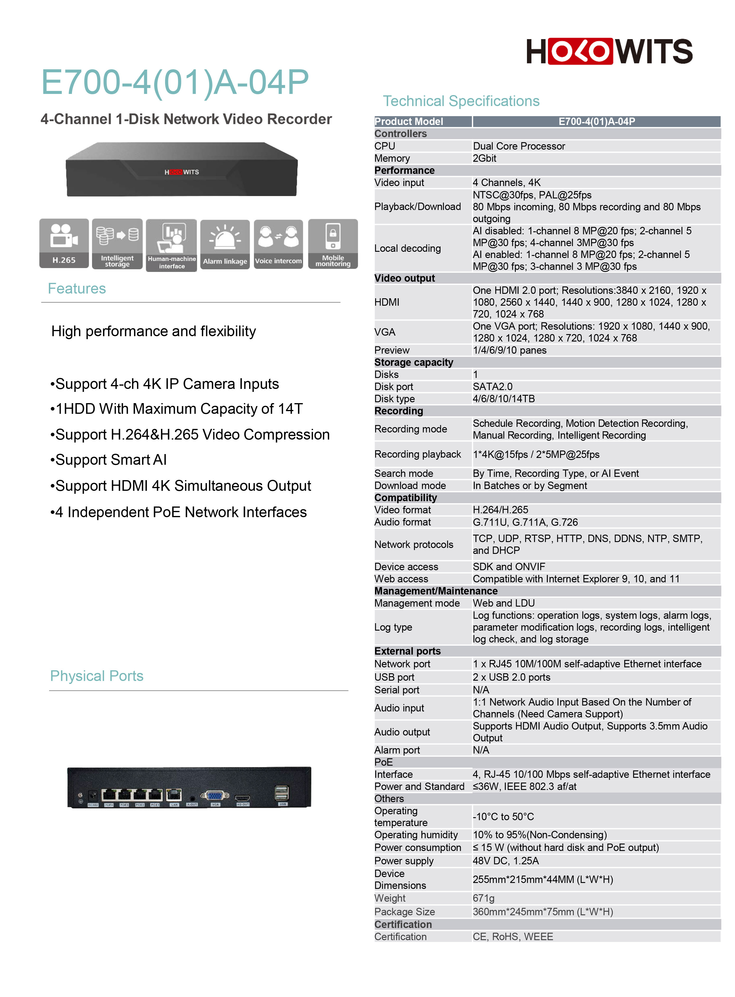 HOLOWITS E700-4(01)A-04P (4 CH) เครื่องบันทึกสำหรับกล้องวงจรปิดระบบ IP (NVR) 4CH PoE BY BILLIONAIRE SECURETECH E700-4(01)A-04P