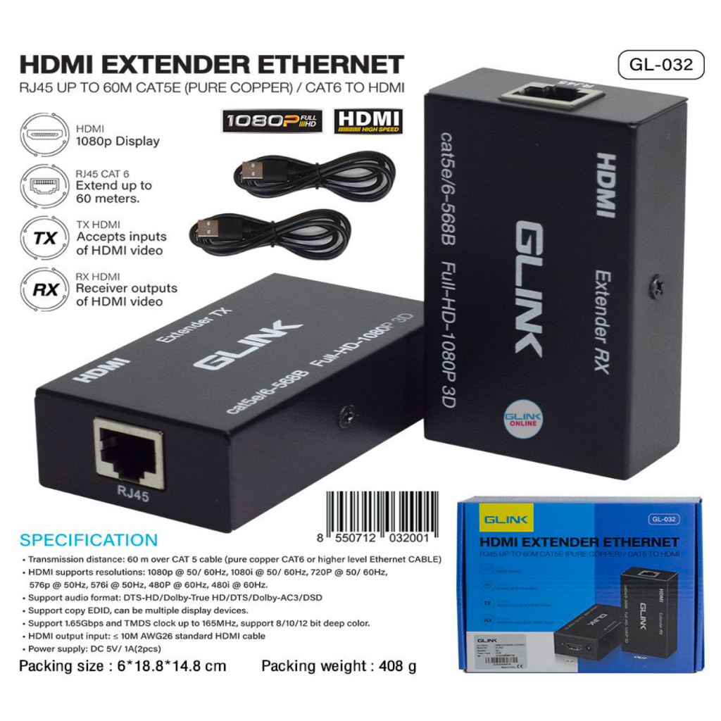 GLINK GL-032 / GL032 HDMI EXTENDER EXTHERNET RJ45 60M Cat5e/Cat6e อุปกรณ์เพิ่มความยาวสาย HDMI ส่งรับ ขยาย สัญญาณ BY BILLIONAIRE SECURETECH GL-032