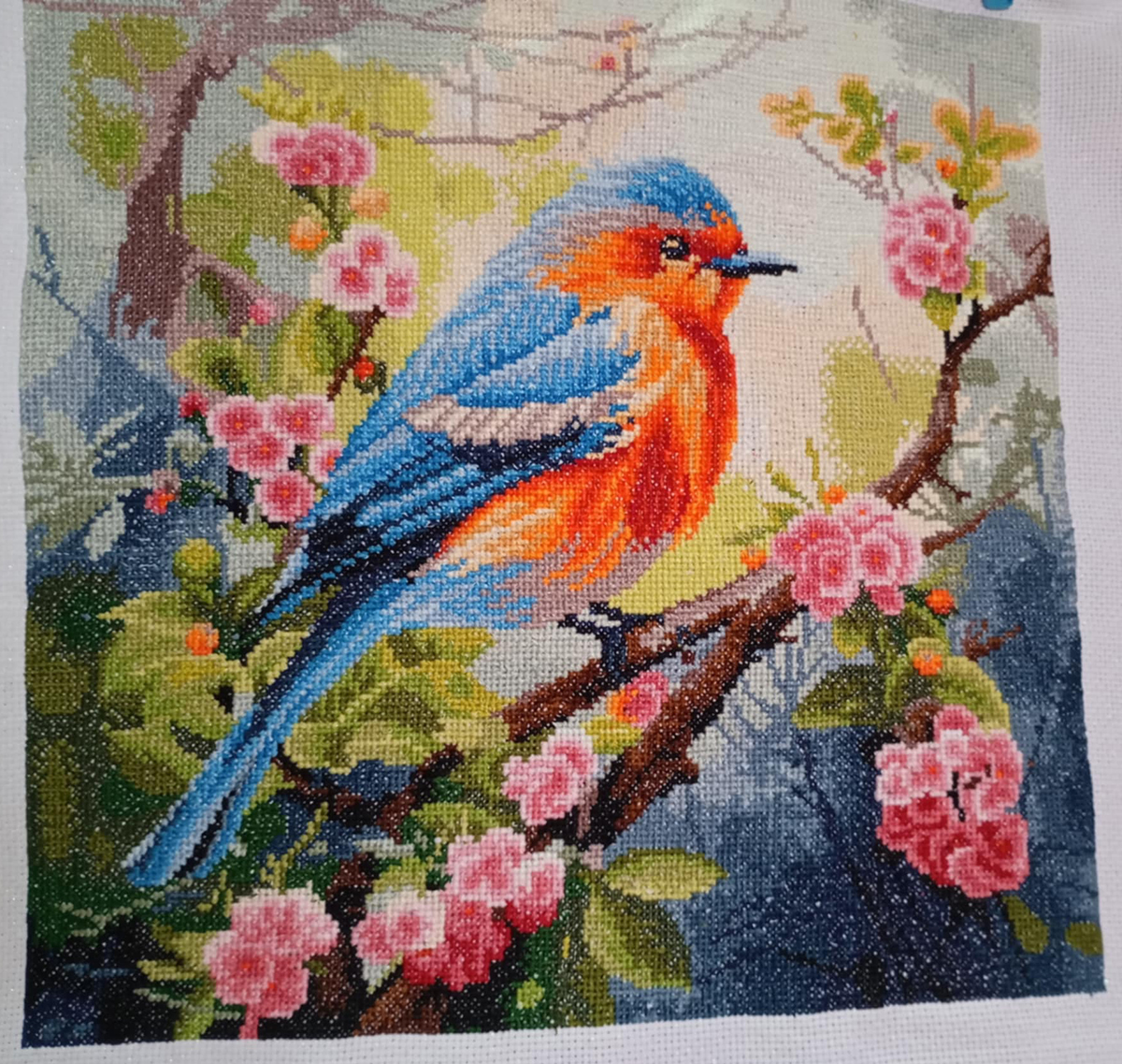 bird-1115 *สินค้าหมด* ชุดปักครอสติช ลายนกน้อยเกาะกิ่งซากุระ (ปักเต็มผืนผ้า ไม่มีเดินเส้น ผ้า11CTพิมพ์ลาย มีประกาย ปัก 3 เส้นเล็ก) ขนาด 50*50 ซม.ผ้าครอสติช 11CTพิมพ์ลายปักบนผ้า ไหมคอตตอน 42 สี ผังลาย เข็ม