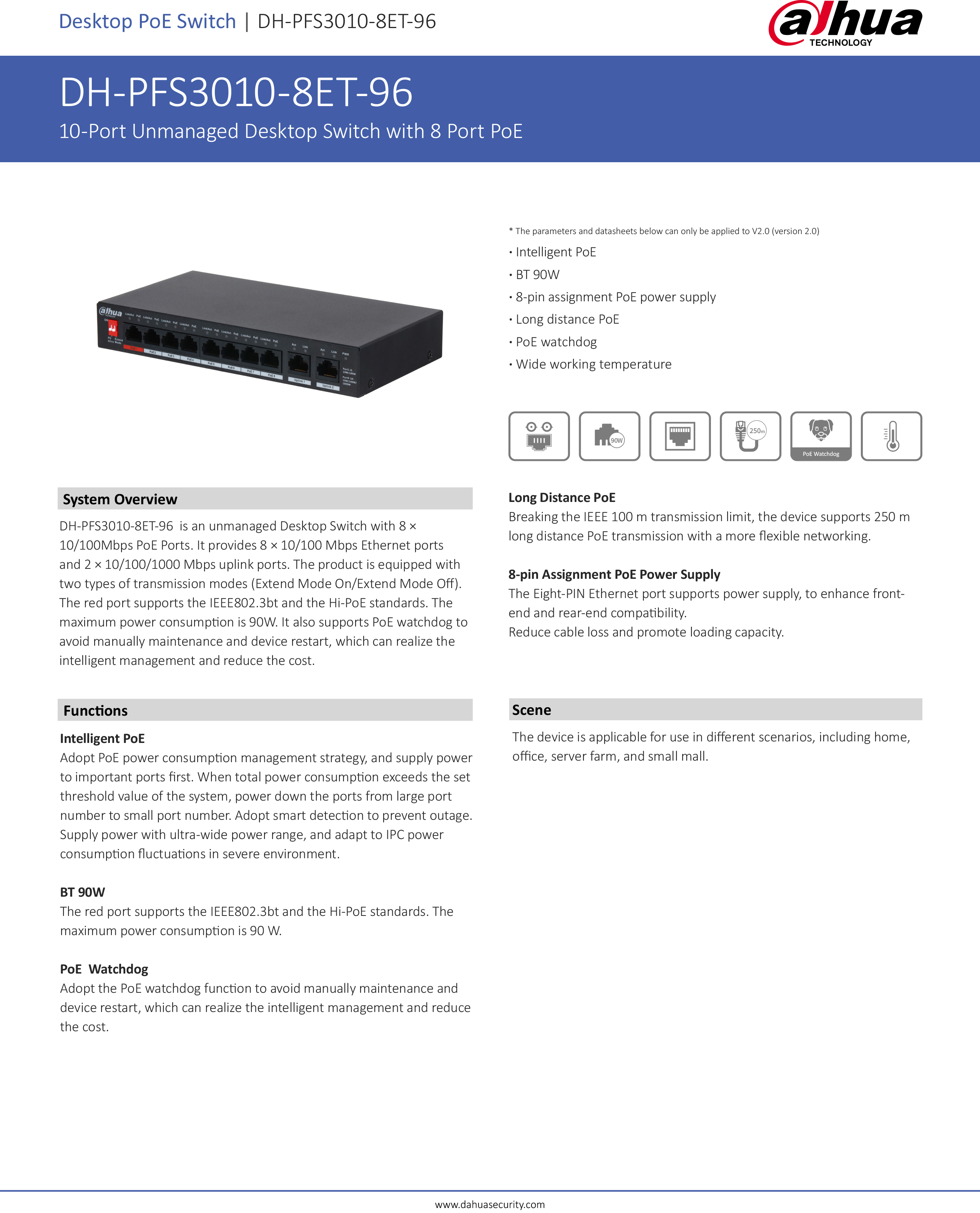 DAHUA DH-PFS3010-8ET-96 Unmanaged 8-Port PoE Switch 8+2 BY BILLIONAIRE SECURETECH DH-PFS3010-8ET-96