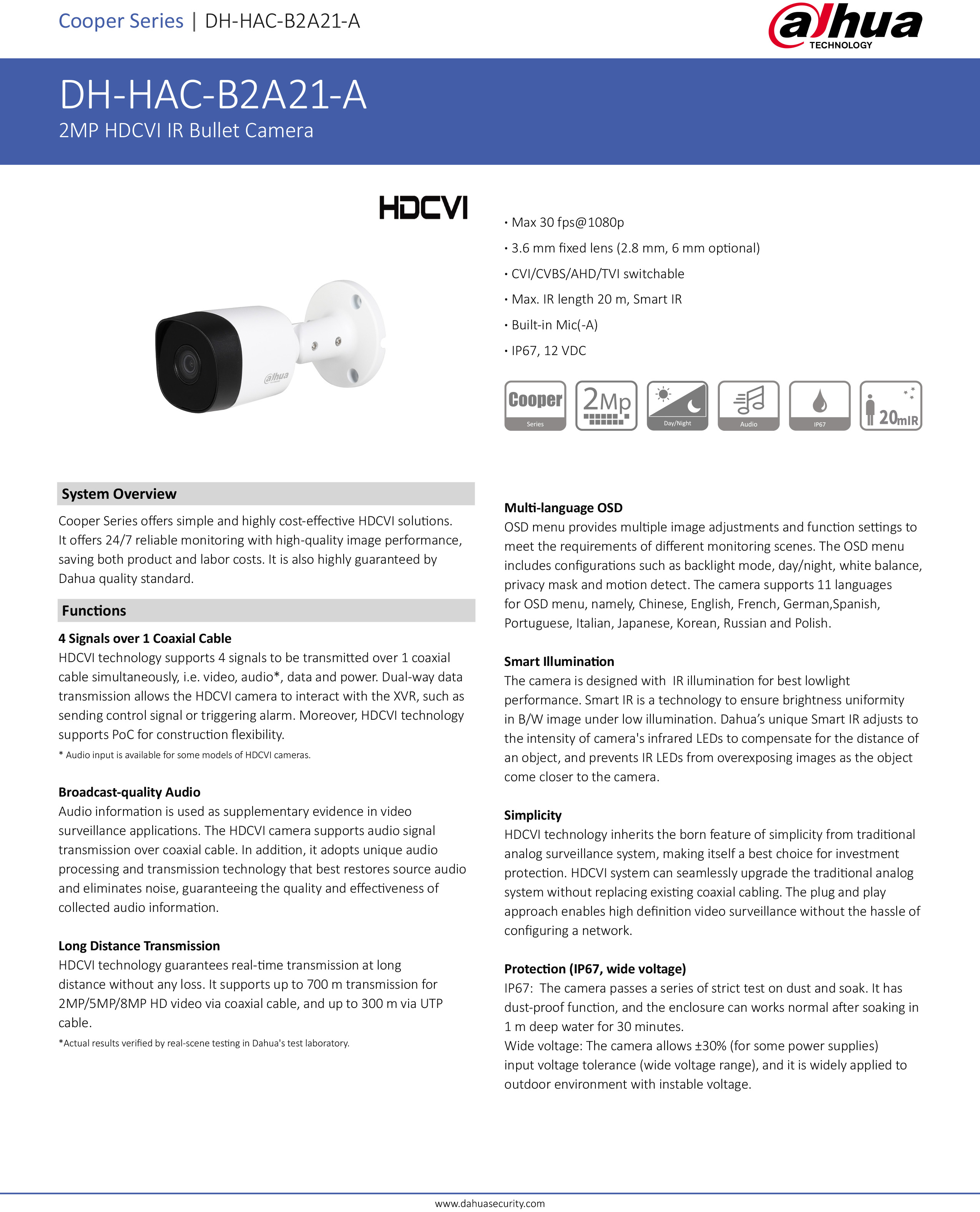 DAHUA DH-HAC-B2A21P-A (3.6 mm.) กล้องวงจรปิดระบบ HD 2 ล้านพิกเซล มีไมค์ในตัว BY BILLIONAIRE SECURETECH DH-HAC-B2A21P-A (3.6 mm.)