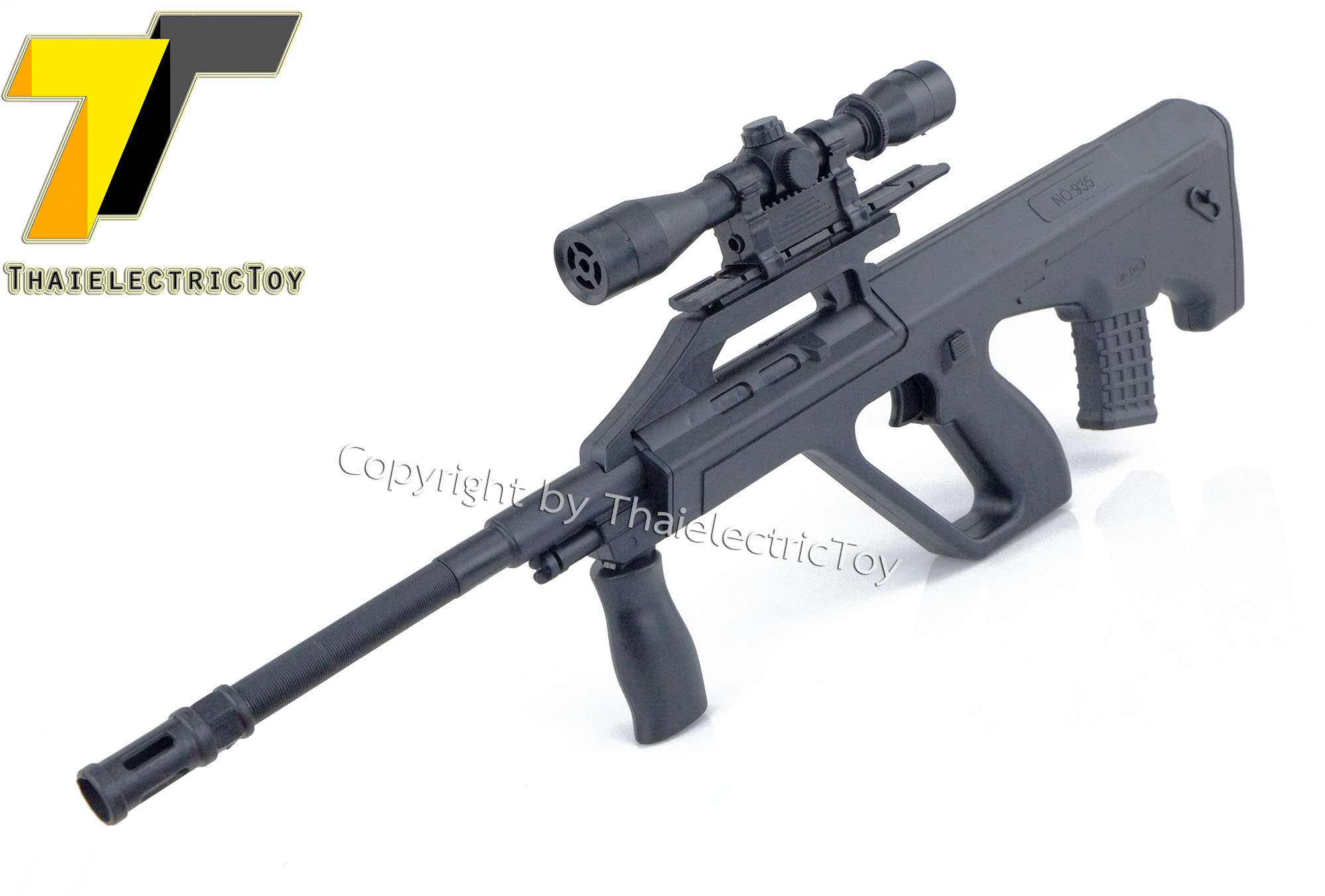 ปืนอัดลมพลาสติก Steyr Aug ยาว 60 เซนติเมตร หนัก 321 กรัม ชักยิงทีล่ะนัด ใช้กระสุนพลาสติกขนาด 6mm