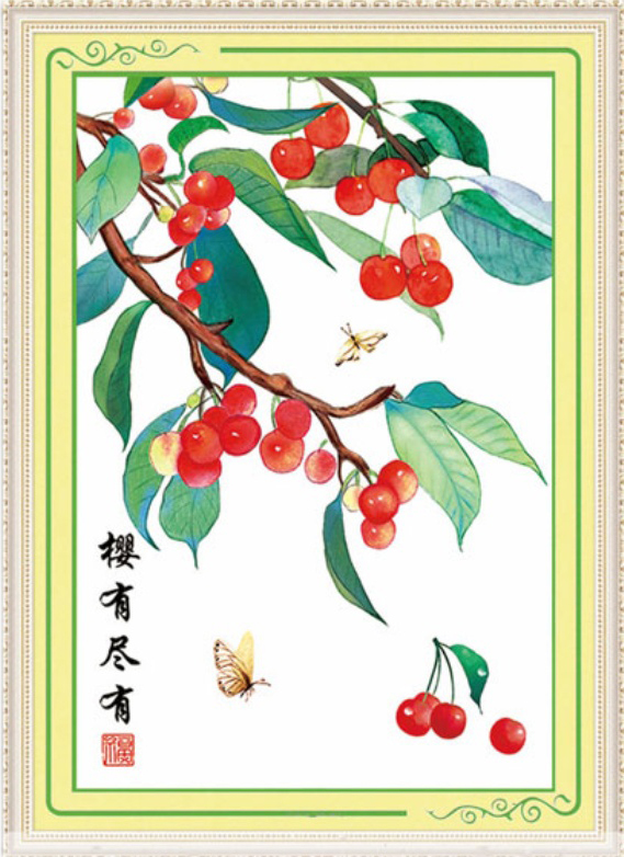 fruit-1043 *สินค้าหมด* ชุดปักครอสติช ลายช่อเชอรี่ ขนาด 50*70 ซม.ผ้าครอสติช 11CTพิมพ์ลายปักบนผ้า ไหมคอตตอน 30 สี ผังลาย เข็ม