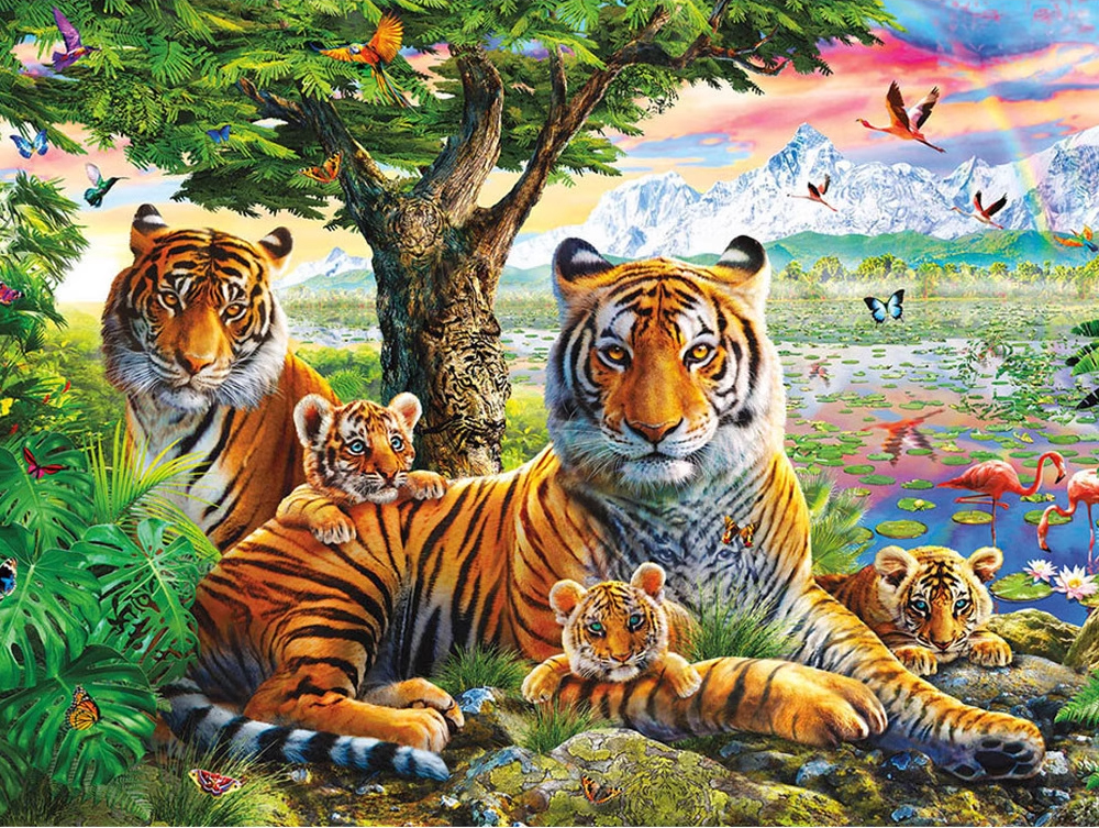 tiger-1107 *สินค้าหมด* ชุดปักครอสติช ลายครอบครัวเสือ (ปักเต็มผืนผ้า ไม่มีเดินเส้น ผ้า11CTพิมพ์ลาย ปัก 3 เส้นเล็ก) ขนาด 90*60 ซม.ผ้าครอสติช 11CTพิมพ์ลายปักบนผ้า ไหมคอตตอน 59 สี ผังลาย เข็ม