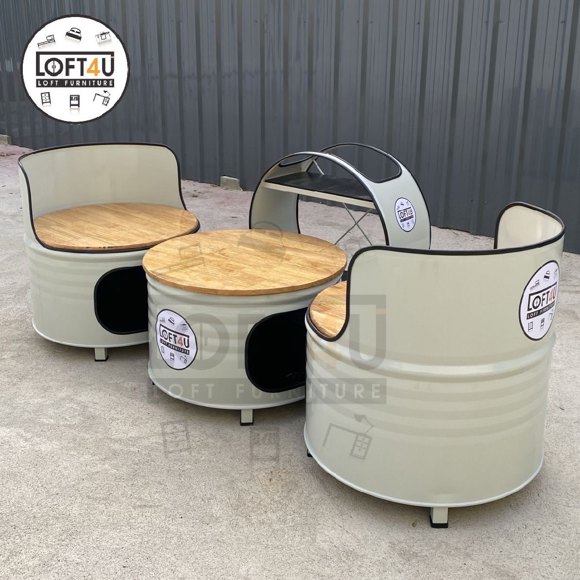 Cafe Table Set + drink shelf : wooden cushion / 2 seats