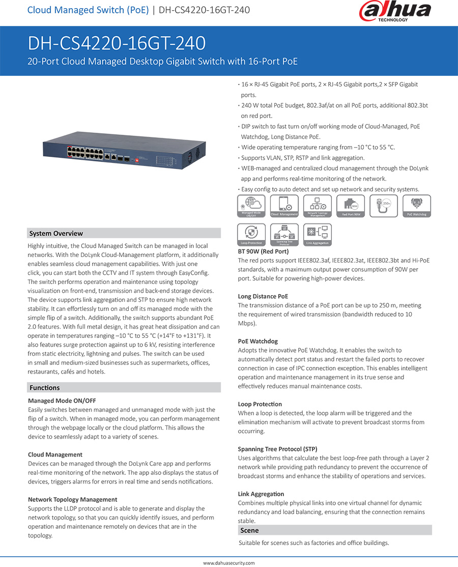 DAHUA CS4220-16GT-240 20-Port Cloud Managed Desktop Gigabit Switch with 16-Port PoE 240W BY BILLIONAIRE SECURETECH CS4220-16GT-240