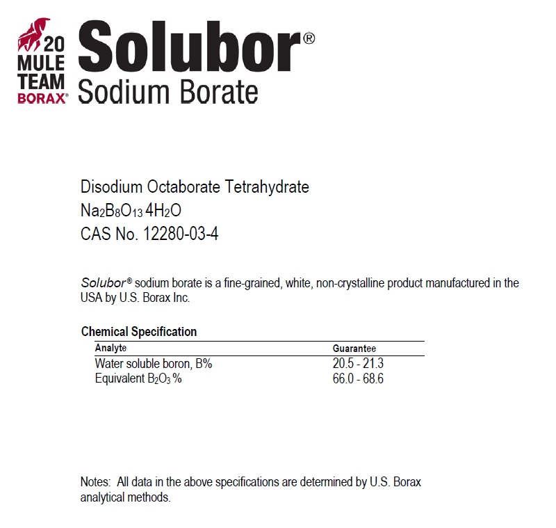 Solubor โซลูบอร์ ผงจุลธาตุโบรอน 20.5% (Disodium Octaborate Tetrahydrate) บรรจุ 1 กิโลกรัม (R)