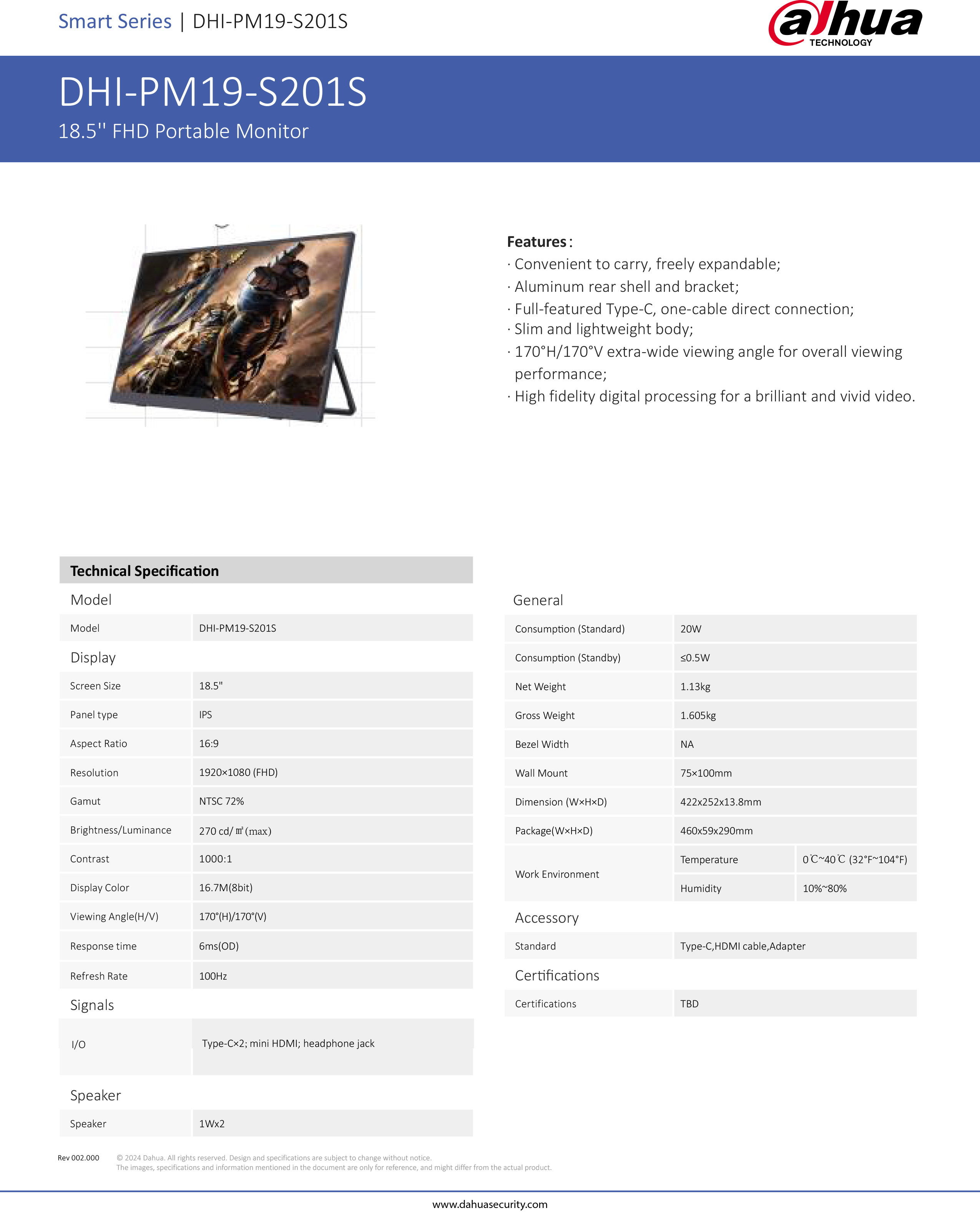 DAHUA DHI-PM19-S201S จอมอนิเตอร์แบบพกพา Portable Monitor ขนาด 18.5" BY BILLIONAIRE SECURETECH DHI-PM19-S201S