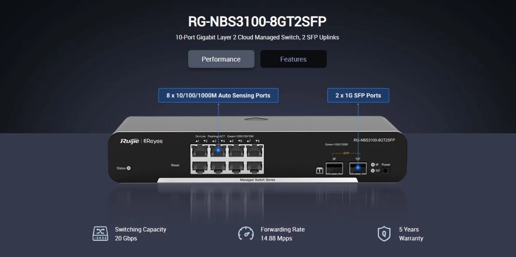 RUIJIE RG-NBS3100-8GT2SFP / 10 Port Gigabit Cloud Manage Switch Layer 2, 8 Port Gigabit + 2 Port SFP BY BILLIONAIRE SECURETECH RG-NBS3100-8GT2SFP