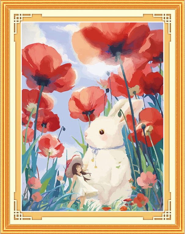 rabbit-1003 *พร้อมส่ง* ชุดปักครอสติช ลายกระต่ายกับสาวน้อย (ปักเต็มผืนผ้า ไม่มีเดินเส้น ผ้า11CTพิมพ์ลาย ปัก 3 เส้นเล็ก) ขนาด 50*63 ซม.ผ้าครอสติช 11CTพิมพ์ลายปักบนผ้า ไหมคอตตอน 41 สี ผังลาย เข็ม
