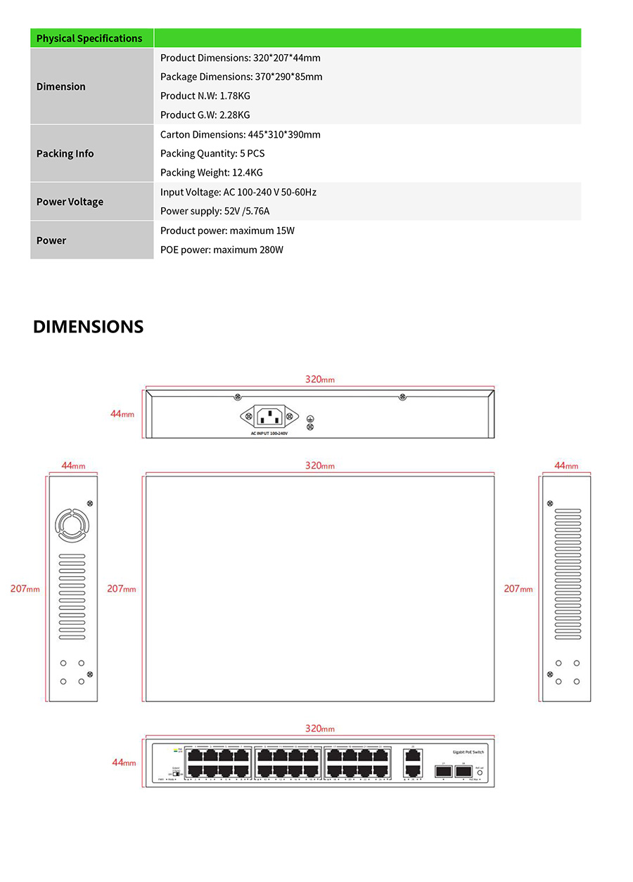 TIANDY TC-P3S028 Spec:G/2422/AT/280 GIGABIT POE SWICH 24POE + 2UPLINK Gigabit RJ45 + 2SFP GIGABIT Port 280W BY BILLIONAIRE SECURETECH TC-P3S028 Spec:G/2422/AT/280