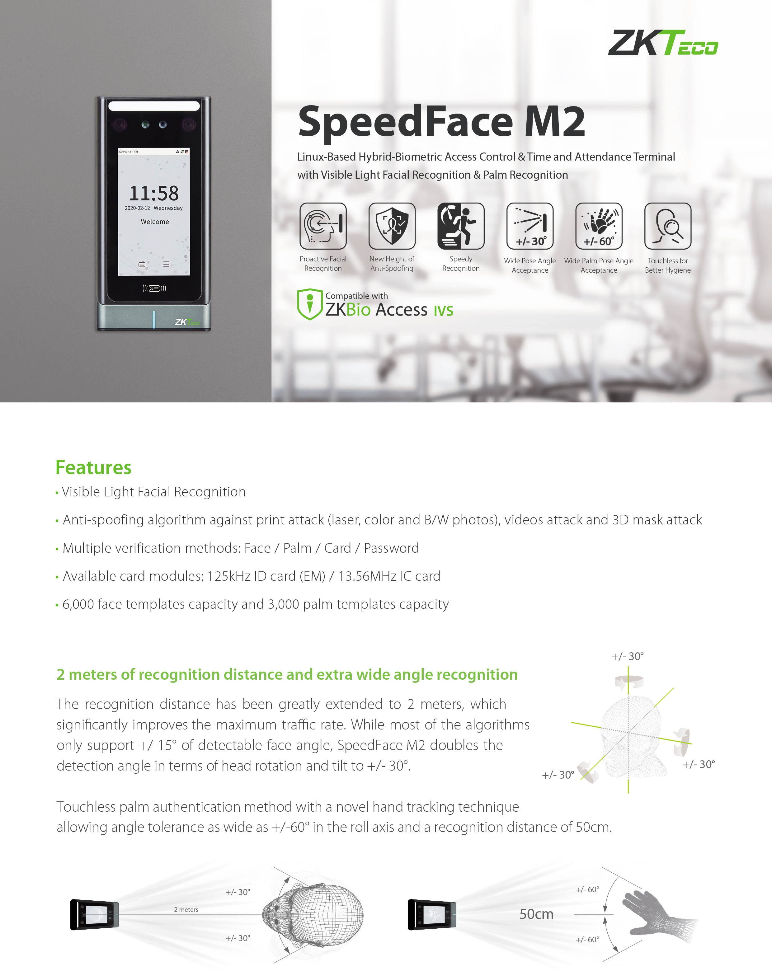 ZKTECO SpeedFace M2 Time Attendance เครื่องสแกนลายนิ้วมือ รองรับ 6,000 ใบหน้า / 3,000 ฝ่ามือ / 10,000 บัตร ควบคุมประตูเปิด-ปิด BY BILLIONAIRE SECURETECH SpeedFace M2