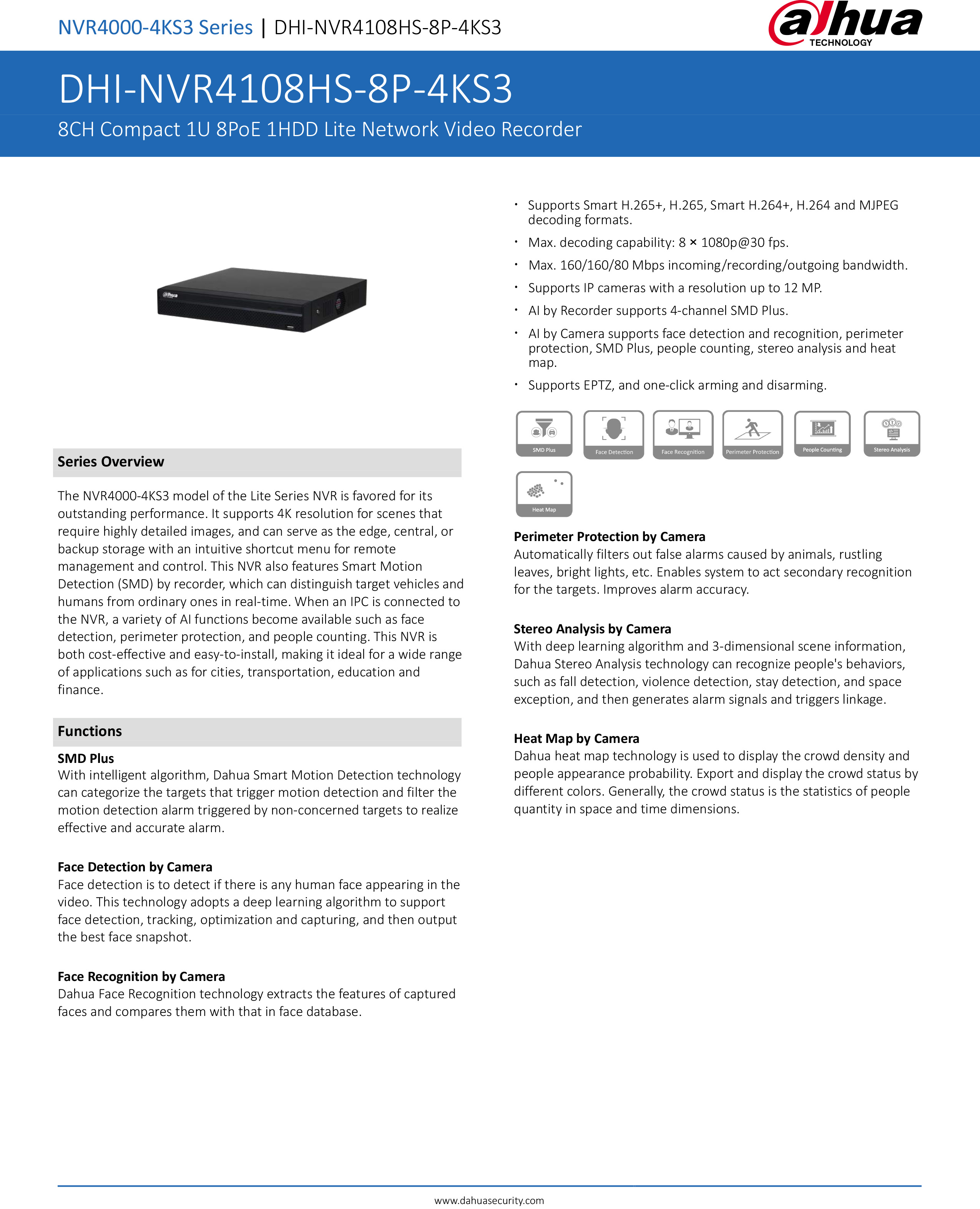DAHUA NVR4108HS-8P-4KS3 (8 CH) เครื่องบันทึกสำหรับกล้องวงจรปิดระบบ IP (NVR) มี POE ในตัว BY BILLIONAIRE SECURETECH NVR4108HS-8P-4KS3