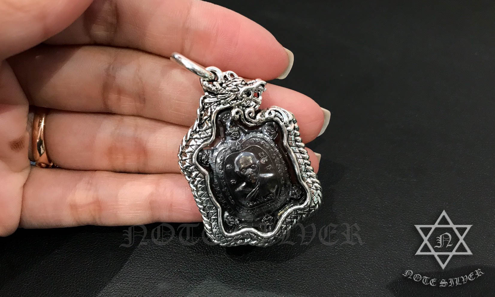 กรอบเงินแท้ลายมังกร เหรียญพญาเต่าเรือน Sterling Silver 925 NSSV2273