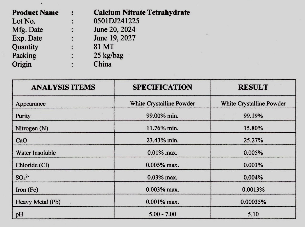 Ca(NO3)2.4H2O Calcium Nitrate Tetrahydrate แคลเซียมไนเตรท แบบเกล็ดใส Calcium Salt CL/BKK กส.สีแดง (12-0-0+23CaO) บรรจุ 25 กิโลกรัม